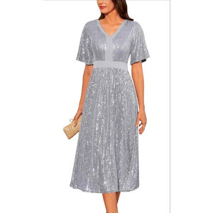 NEW Sequin V Neck Ruffle Sleeve Sparkly A Line Cocktail Formal Dress M $106